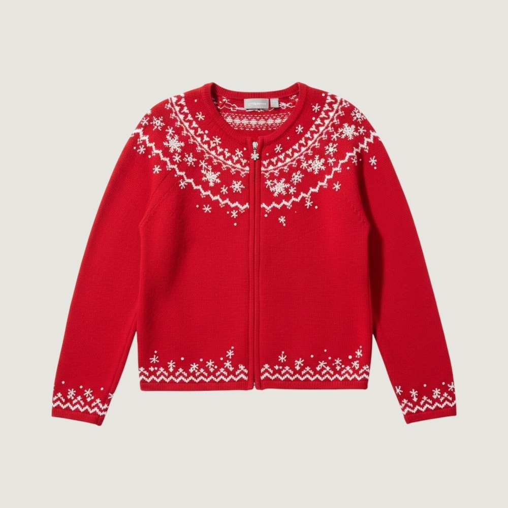 VTG Christmas Petite Red Snowflake Zip Up Cardigan Sweater Jacket Women PM